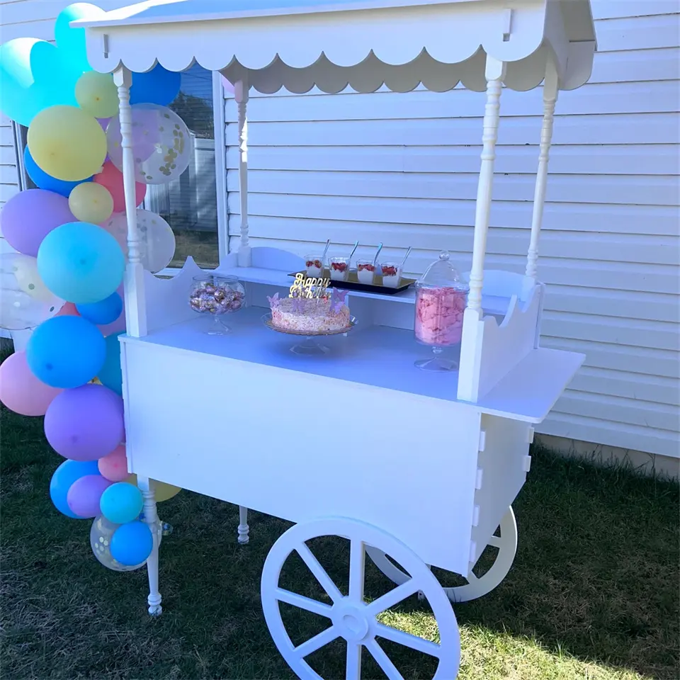 Amazon venda Quente carrinho de doces de madeira Com rodas para casamentos chás do bebê aniversários crianças madeira display racks partido