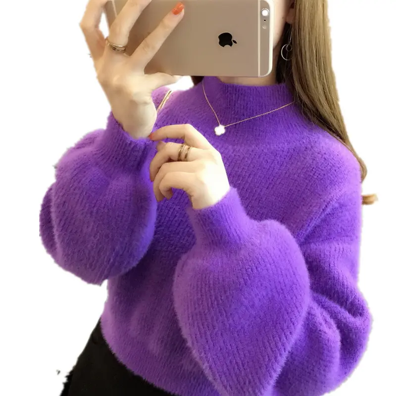 Wholesale New Arrival Fashion women middle high neck batwing sleeve super soft mohair pullover faux fur sweater