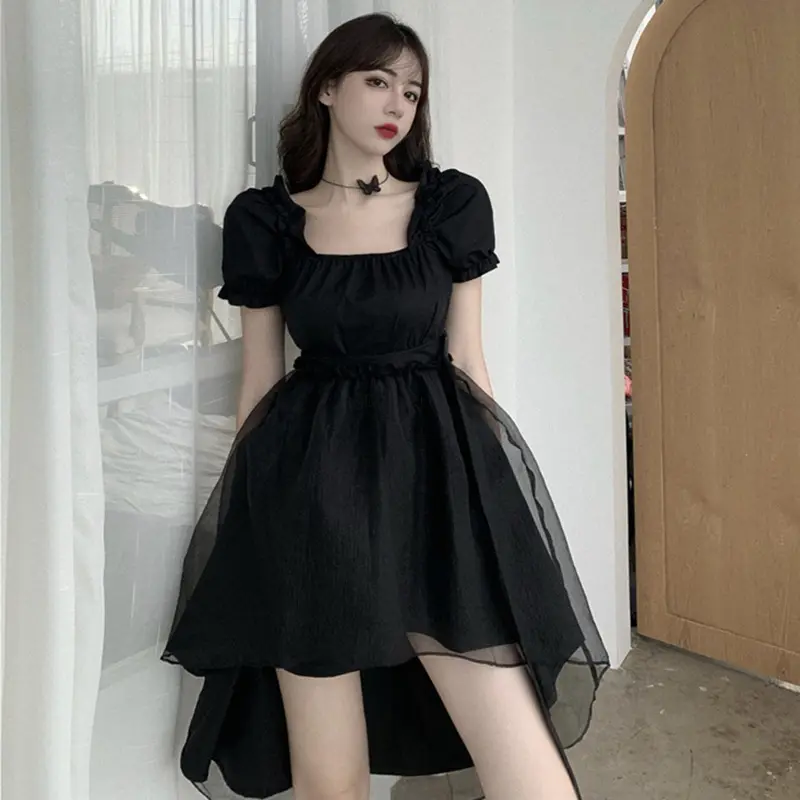 Gonna da ragazza del dipartimento scuro 2022 nuova versione estiva e coreana abito da donna a vita alta con collo quadrato in organza nera