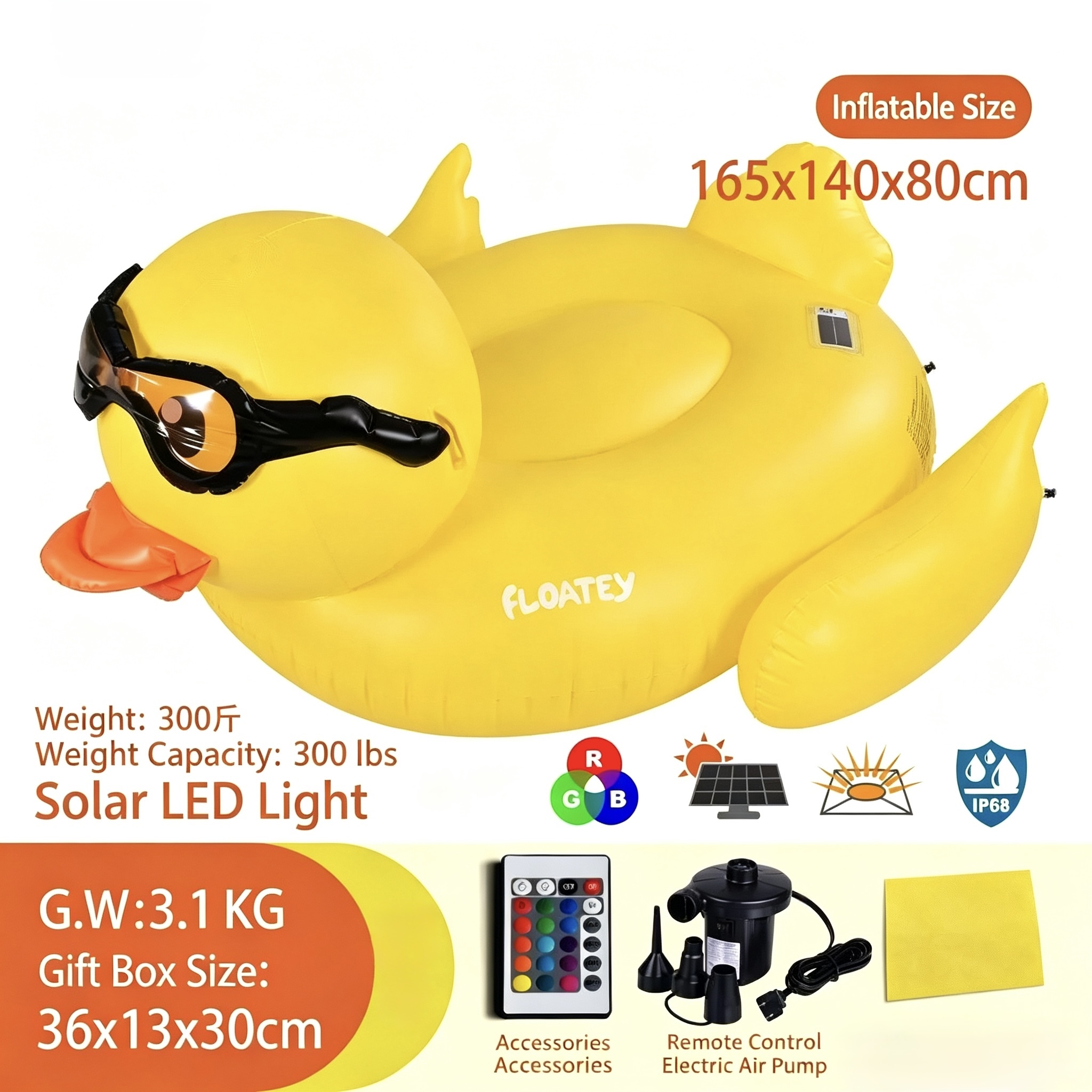 Flotador gigante para piscina con sensor de luz amarilla LED (con bomba)