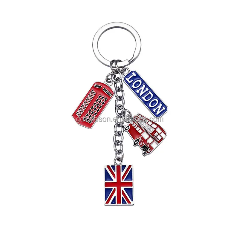 Factory British Theme Car Keyring Double-Decker Bus Red Telephone Booth Charms London Souvenir Keychain UK Flag Metal Keychain