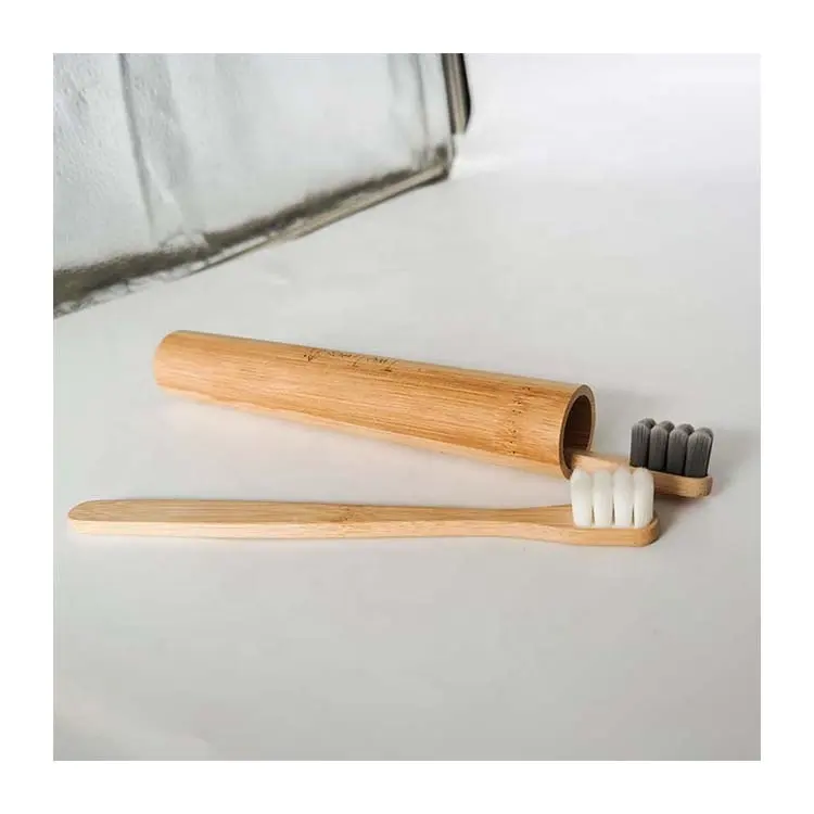 Sikat gigi kayu bambu, bulu lembut dengan wadah sikat gigi perjalanan