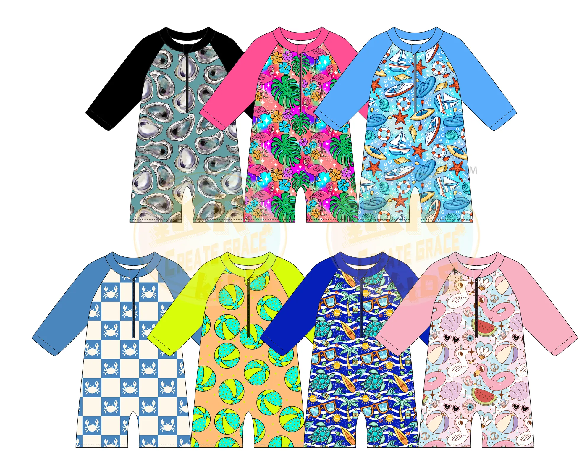 Wholesale Kids Boys Girls Wetsuit One Piece Floral Print Bathing Suit Long Sleeve Zipper Swimsuit Baby Sun Protection Swimwear