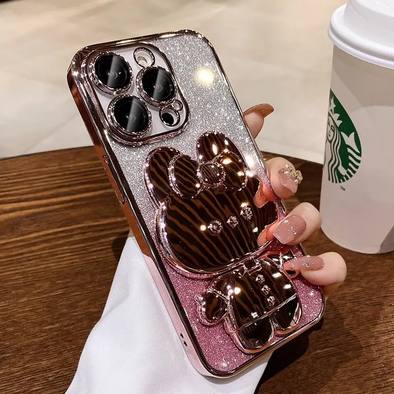 Makeup mirror holder Phone case Rabbit Glitter gradient protection case for iPhone14promax for iPhone15Pro lens film protection