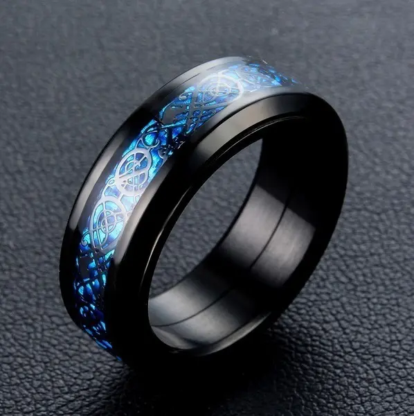 Bordas chanfradas padrão dragão preto azul, anéis celticos, joias, banda de casamento para homens