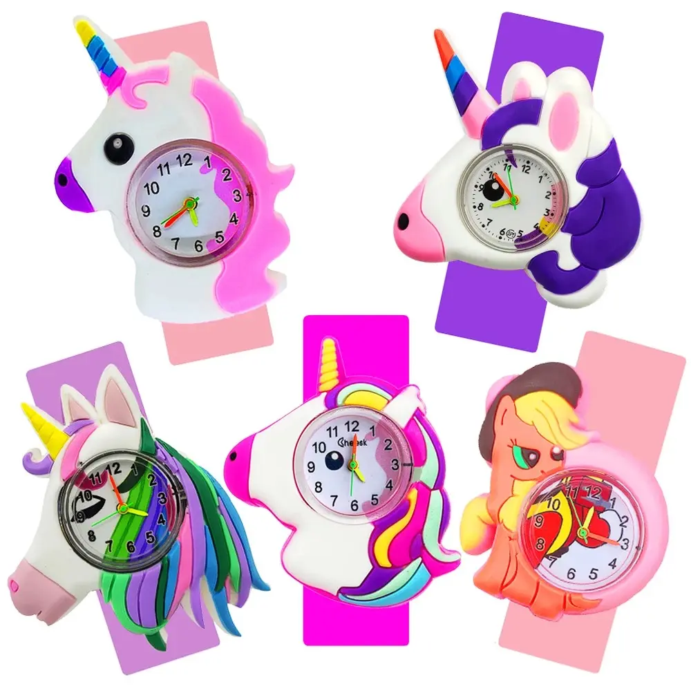 Amostras grátis Cute Cartoon Unicorn Silicone Pulseira Quartz Watch Crianças Toy Watch Slap Cartoon Watch