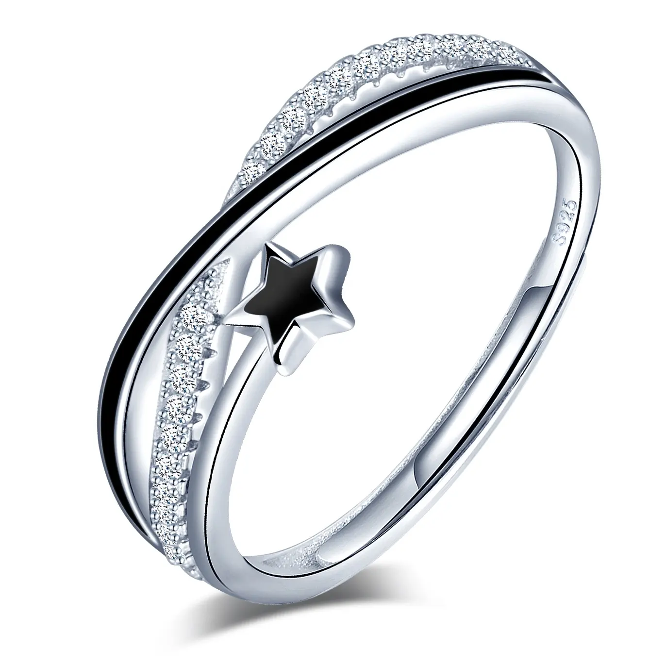 خاتم فضة استرليني موضة S925 خاتم بأحجار رمز النجوم اللانهائي خاتم مفتوح حجم قابل للتعديل
