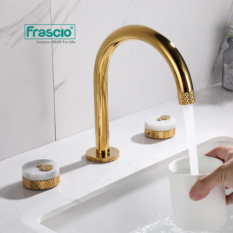 Frascio Luxury Quality Bathroom Sink Double Faucet Marble In Gold Color Two Handles With Knurling Design Marble 3 Hole Faucet