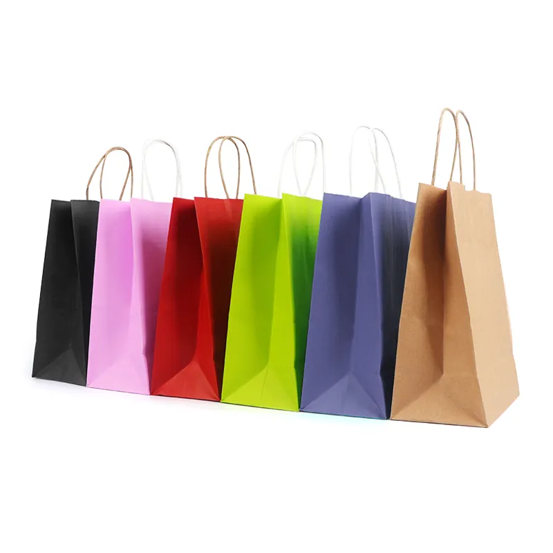 Özel baskılı çoklu boyutları renkli kraft el işi kağıdı çanta giyim hediye alışveriş düz alışveriş kulplu çanta