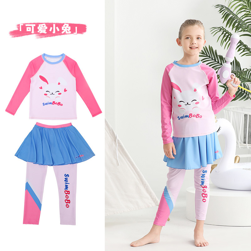 Maillot de bain deux pièces pour filles, motif lapin mignon, avec pantalon long et manches longues