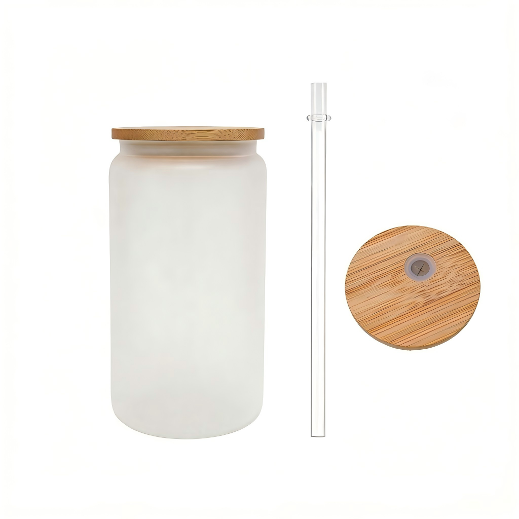 Verre dépoli de 16 oz avec couvercle en bambou