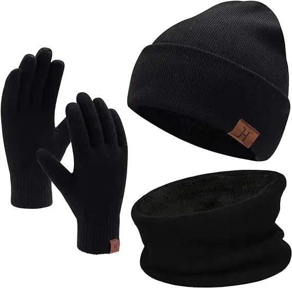 Özel bere eldiven boyun sıcak Set ile sıcak örgü polar astarlı kış bere şapka eşarp eldiven seti ile