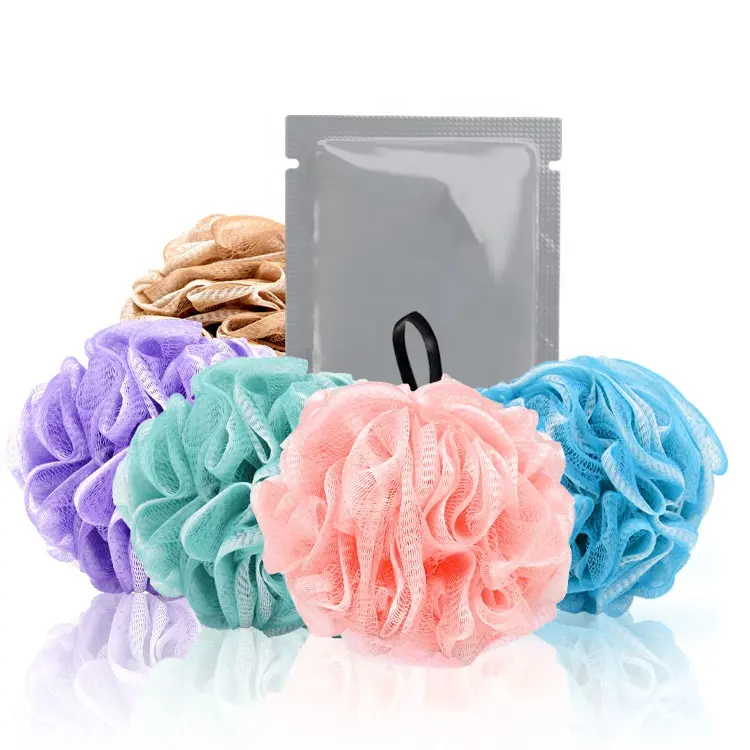 GLOWAY Esponja de esfera de banho de malha para banho, esfregação macia com borda branca, opções personalizadas de 25g ~ 100g