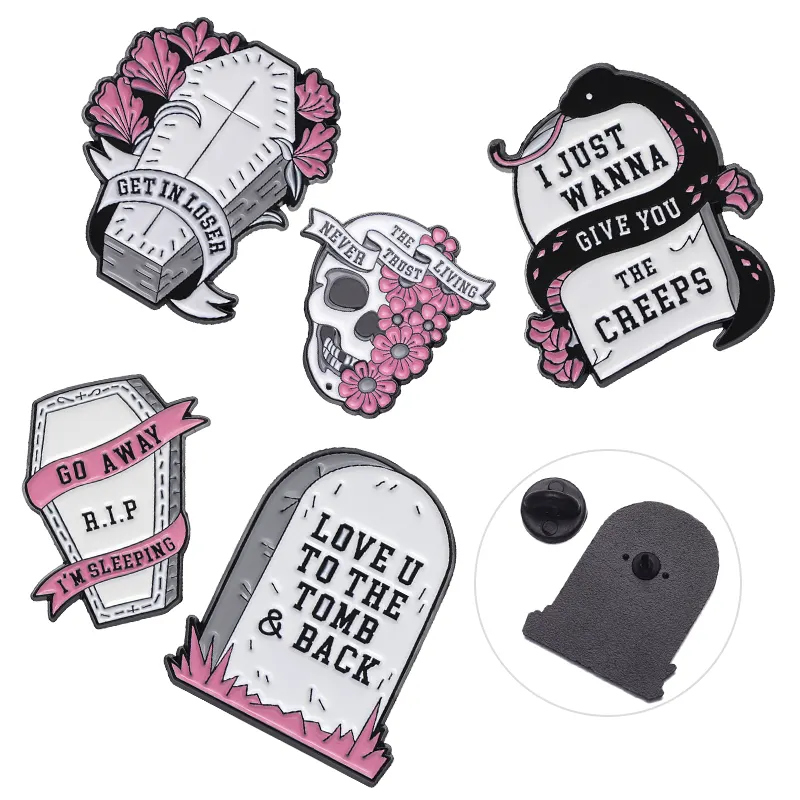 Regalo di promozione teschi di fiori Punk amore tomba distintivi di metallo fornitore personalizzato Halloween Horror smalto spille per camicia di abbigliamento
