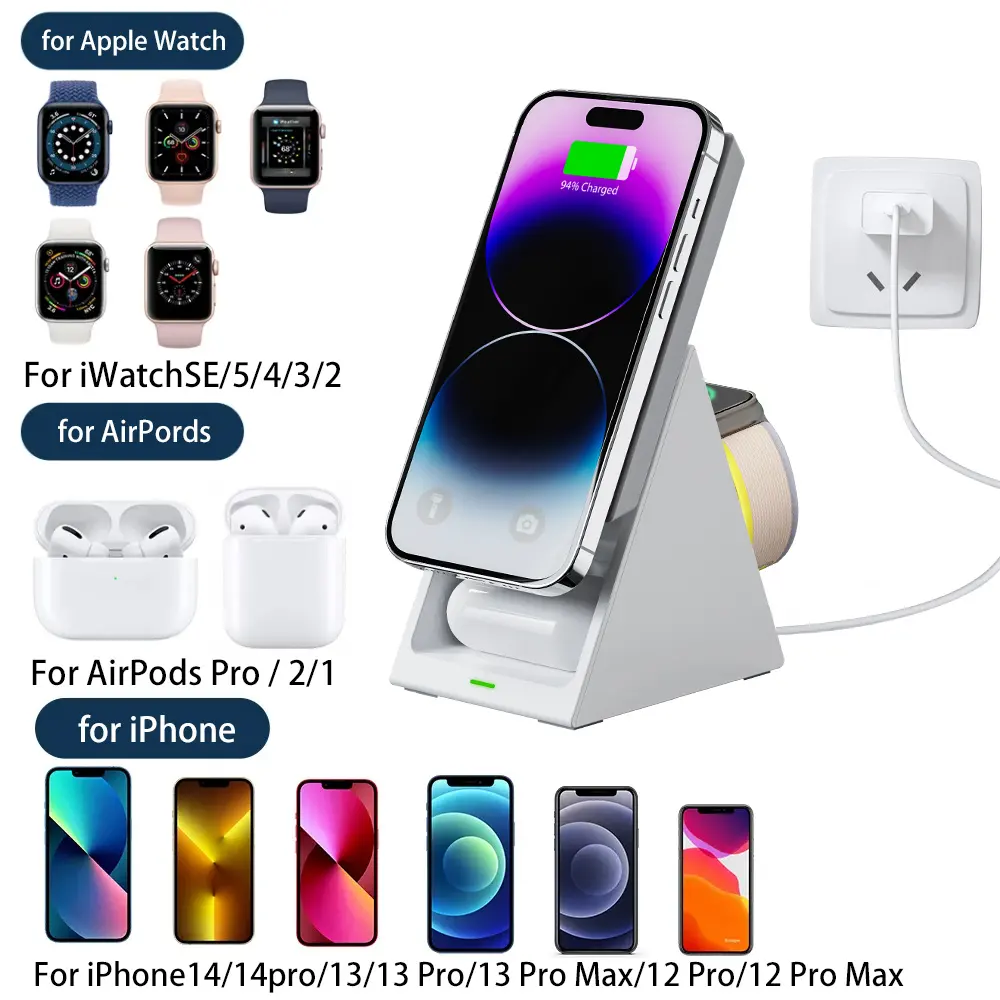 Ponsel lipat portabel, pengisi daya nirkabel 15w 3in1 magnetik 3 dalam 1 untuk iphone Watch Airpods dan ponsel