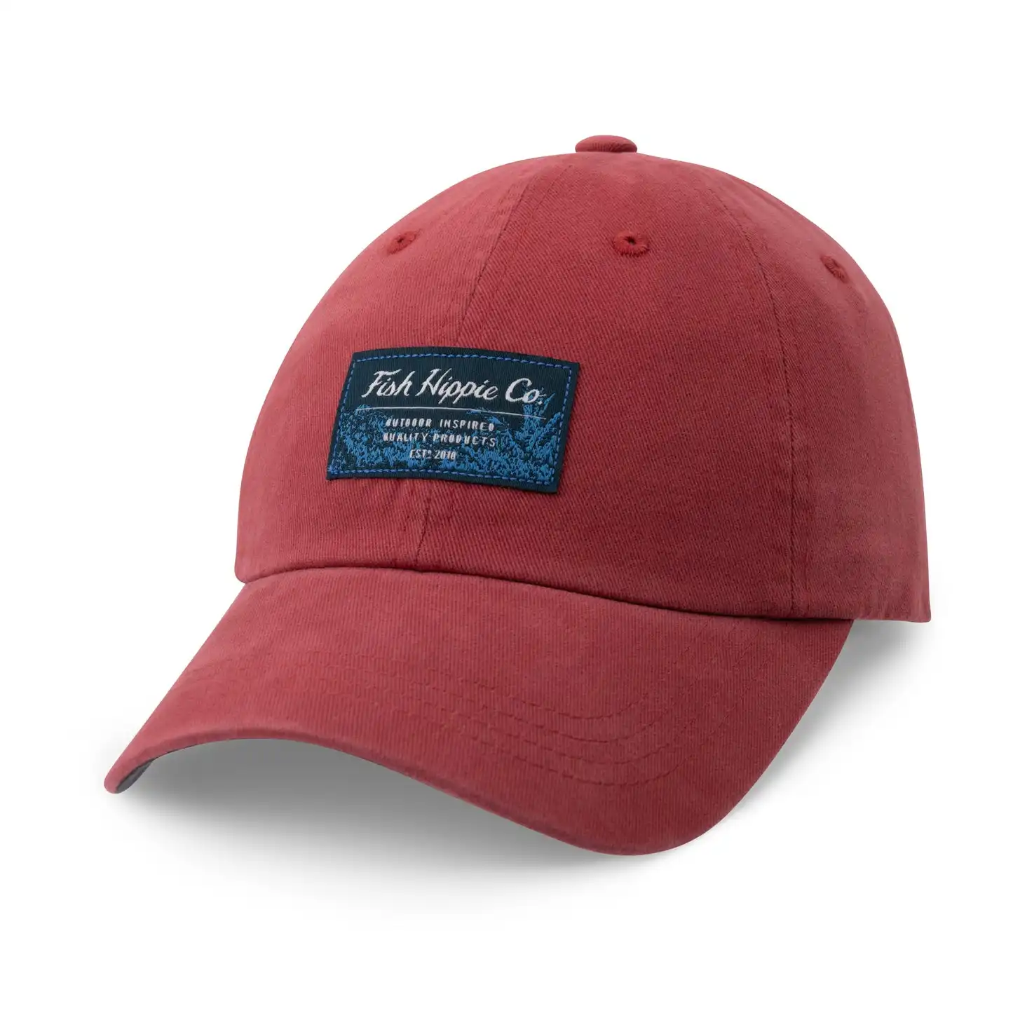 Casquette de papa en sergé de coton rouge à 6 panneaux, logo brodé, billet incurvé, parcours lent, casquette de pêche, casquette de baseball avec étiquette tissée