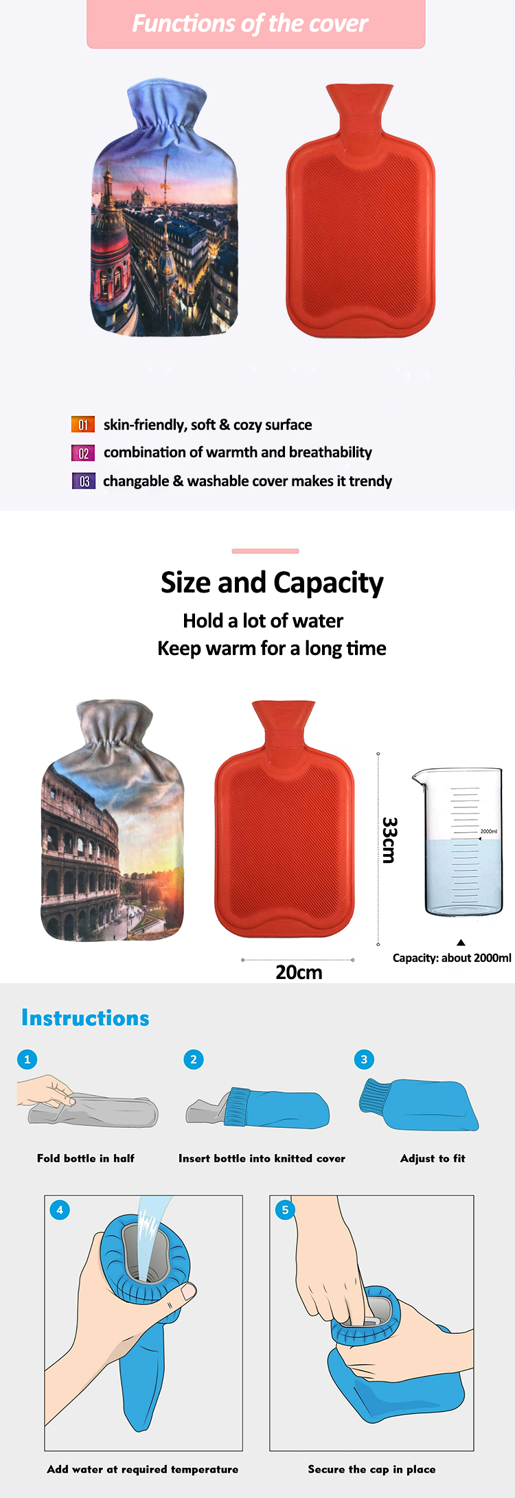 high quality wholesale manufacturer 2000ml rubber hot water bag with cover hot water bottle