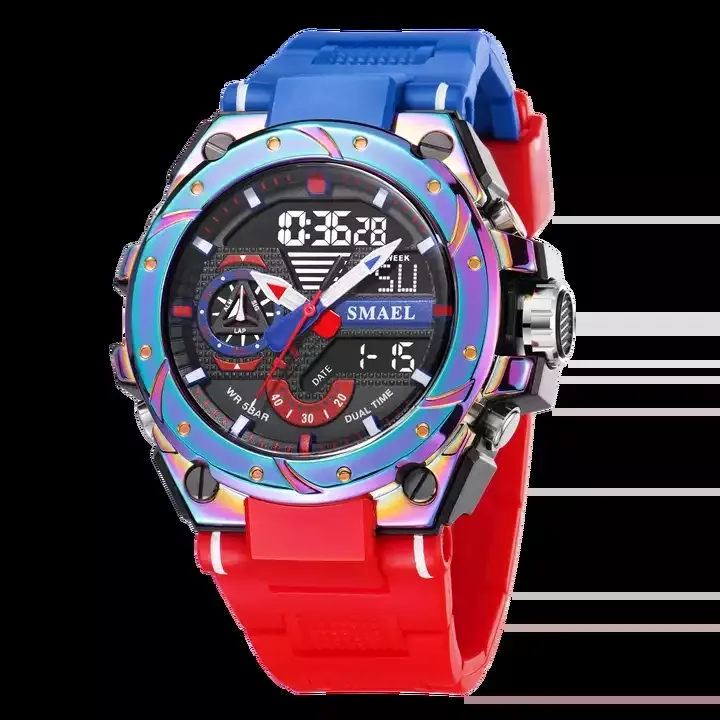 SMAEL-Reloj de pulsera de cuarzo para hombre, cronógrafo de color rojo, resistente al agua hasta 50M, con alarma, digital analógico, deportivo, 8060