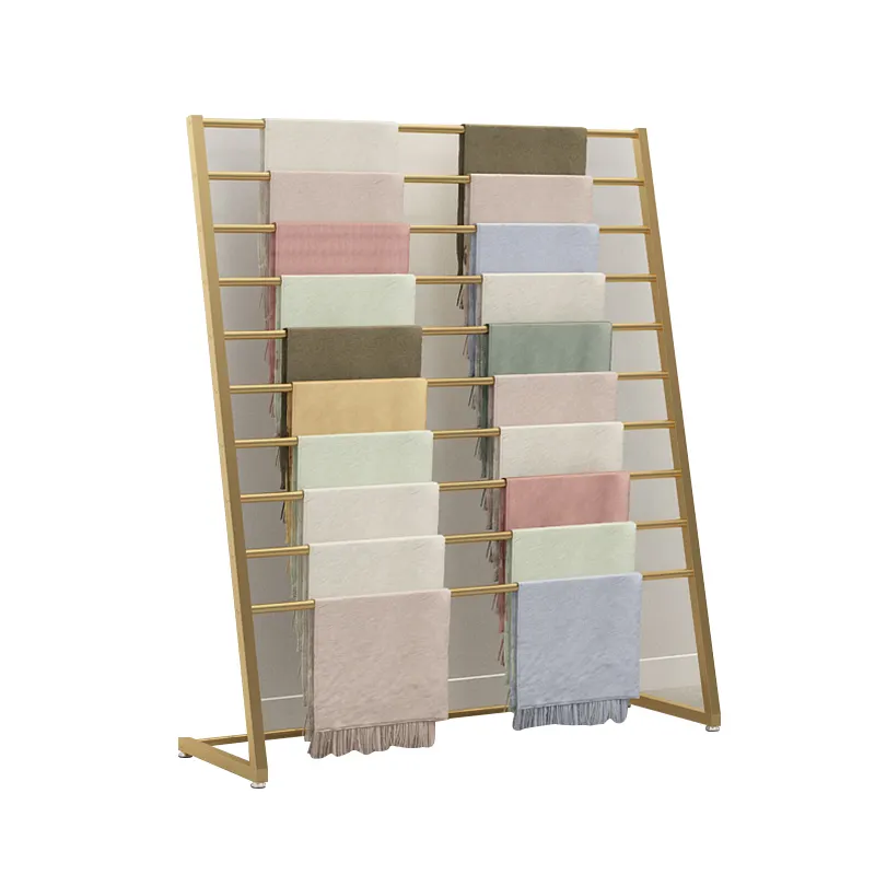 Estante de tela para uso en el suelo, estante de Metal dorado de acero inoxidable para exhibir pañuelos de tela, venta al por menor