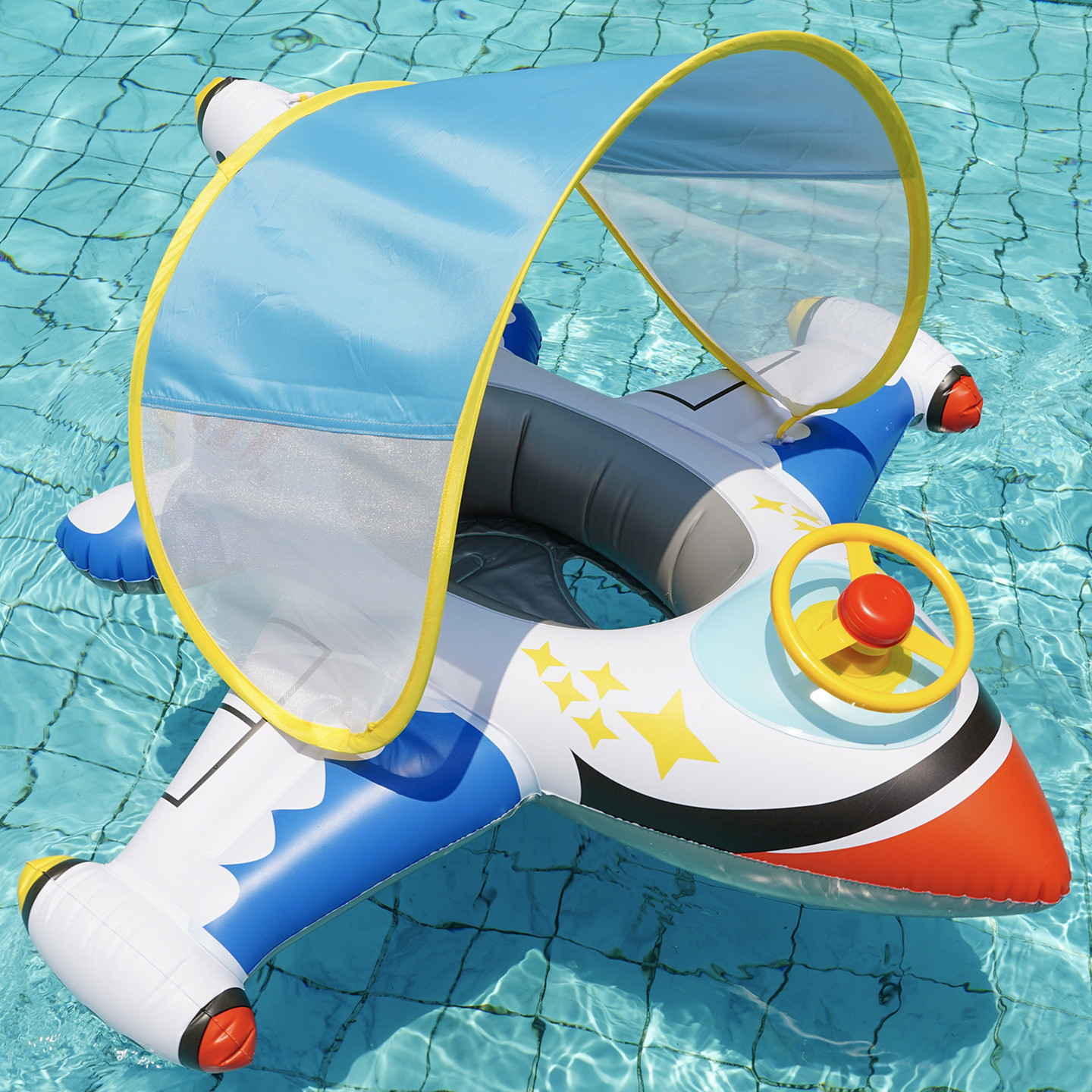 Blue-white steering wheel plane boat-with canopy
