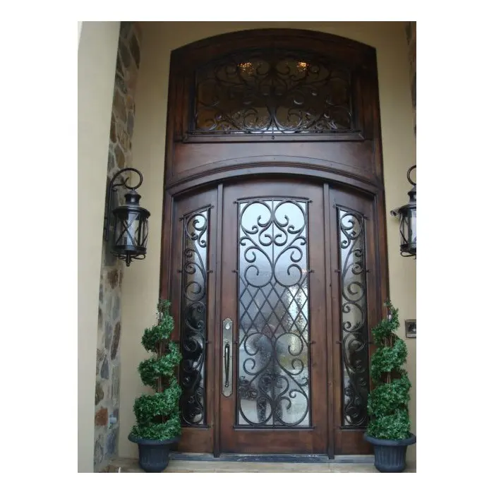 Porta de ferro forjado ornamental, porta de entrada frontal de ferro com pesos de visão, design principal de entrada