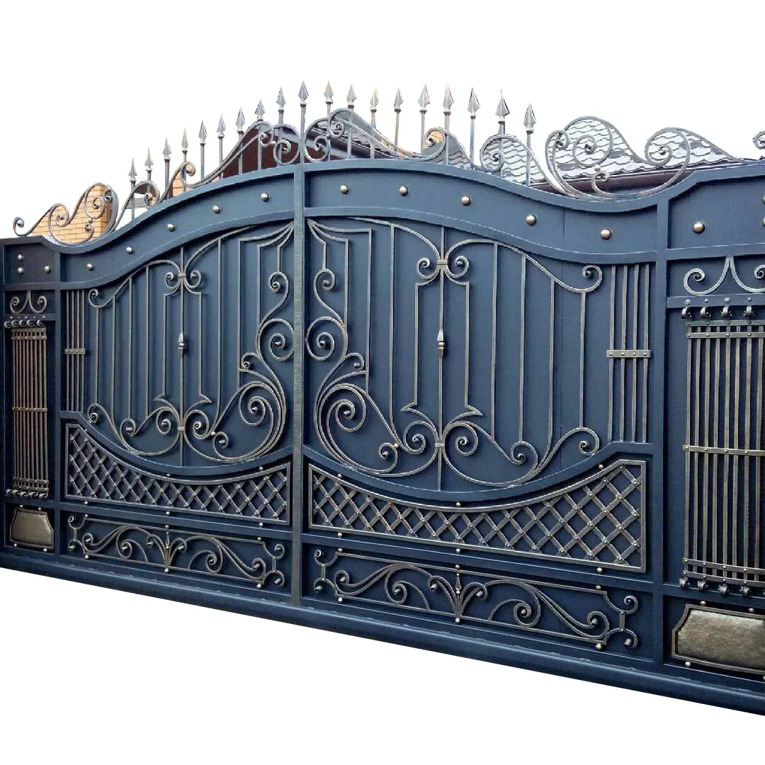 Le ultime porte principali in ferro battuto a doppia porta progettano il cancello d'ingresso del vialetto da giardino in acciaio in legno