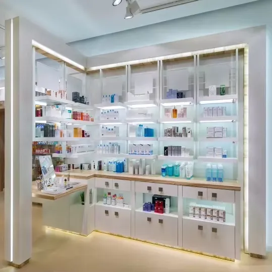 2022ร้านค้าแสดงเฟอร์นิเจอร์ชั้นวางร้านขายยาไม้ในการออกแบบร้านขายยา