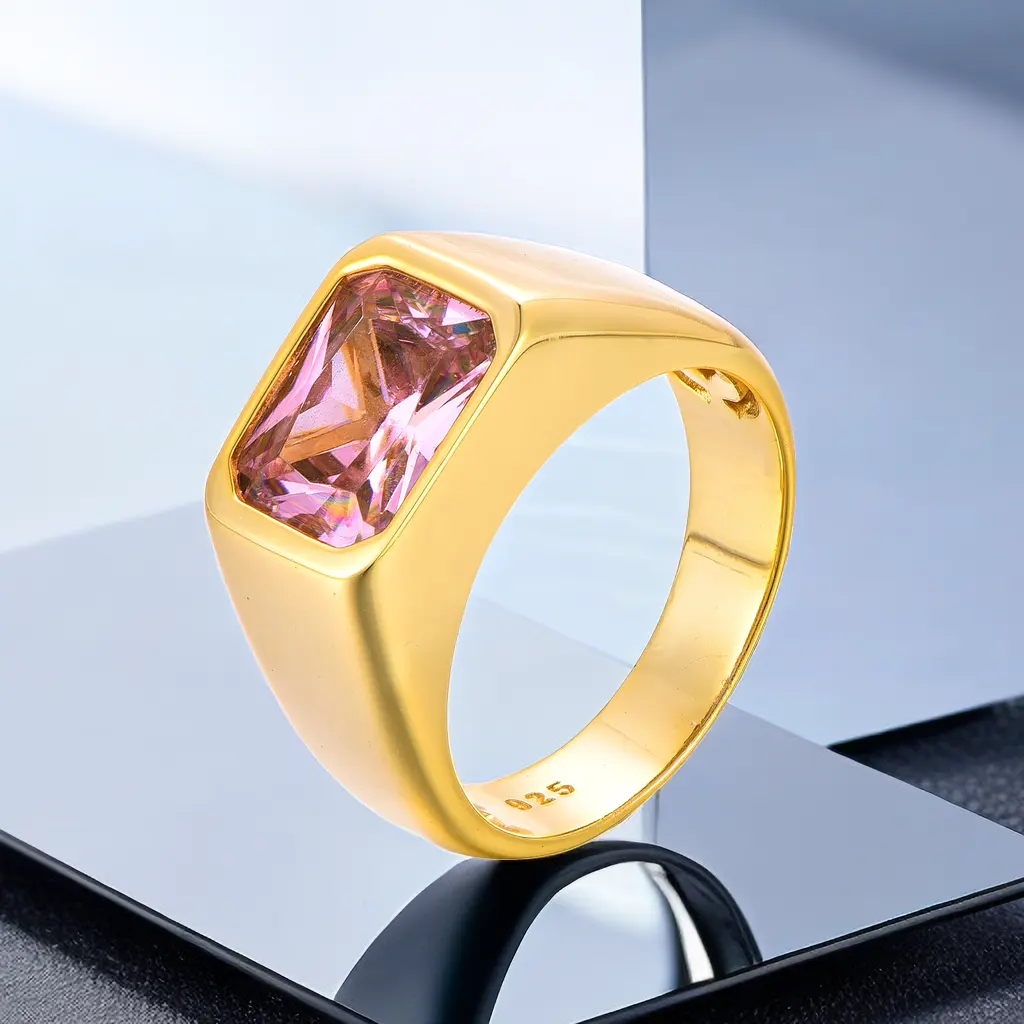 18K Gold-Plated Square Zircon Ruby Ring 925 Sterling Silver Square Custom Color Pink Zircon Smooth Men Ring