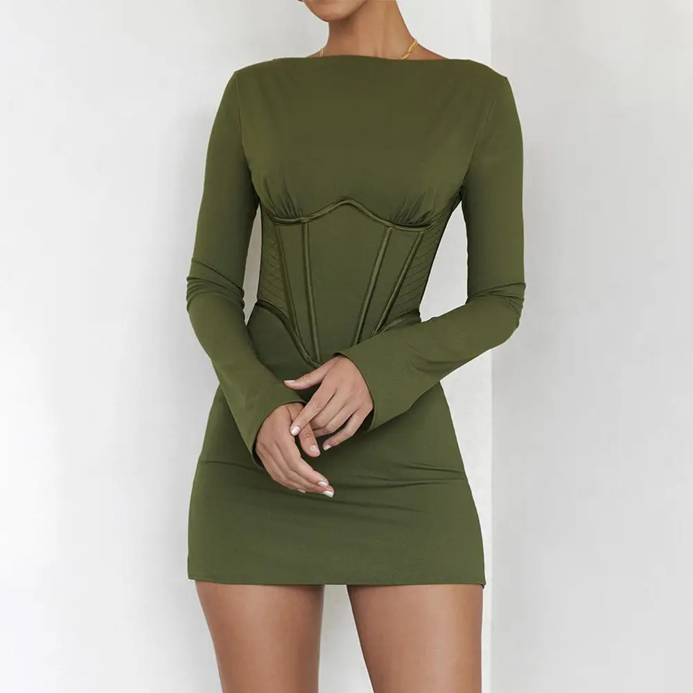 Elegant Jersey Long Sleeve Crew Neck Party Cocktail Dresses Sexy Backless Ruched Hidden Zippers Mini Corset Dresses