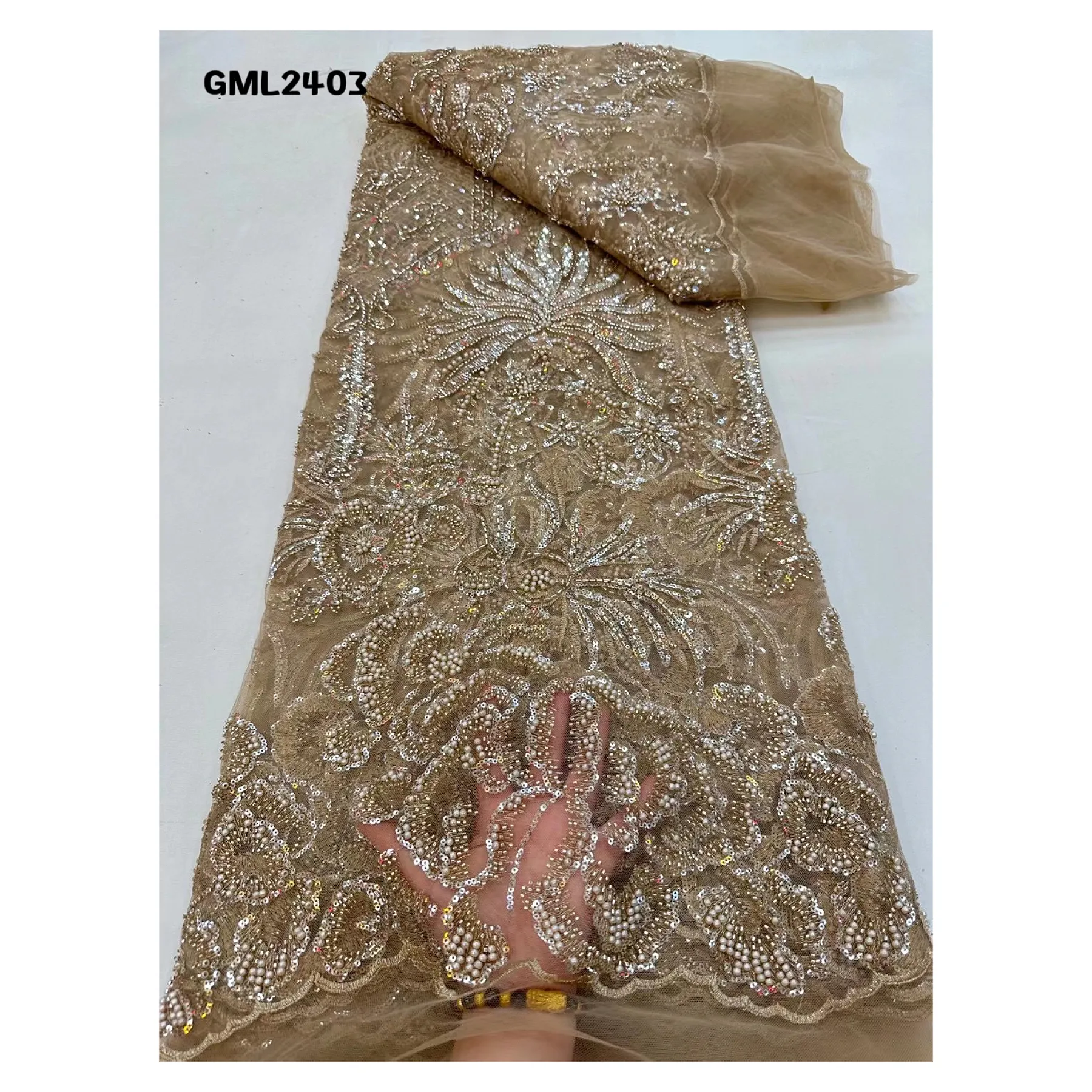 Tela de encaje francés con cuentas, encaje de novia con lentejuelas 3d bordado pesado hecho a mano de tul dorado para la fabricación de vestidos de fiesta de belleza, 2023