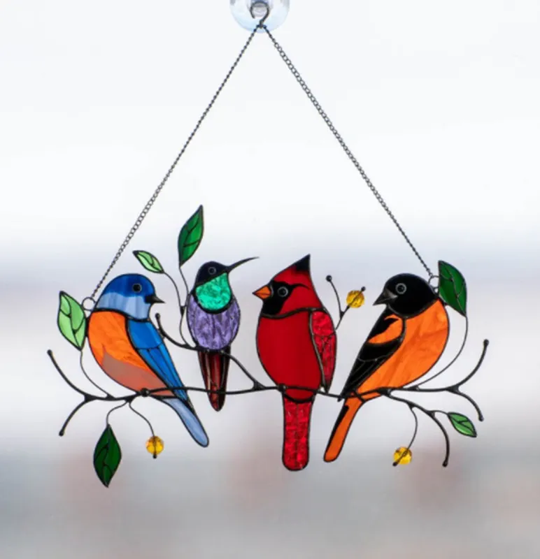 Hoch gebeizte Fenster platte Acryl hängendes Dekor Kunst geschenk Mehrfarbige Vögel auf einem Draht