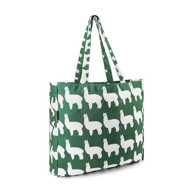 حقيبة حمل قطنية نسائية على الكتف بسعة كبيرة خضراء بشعار مخصص