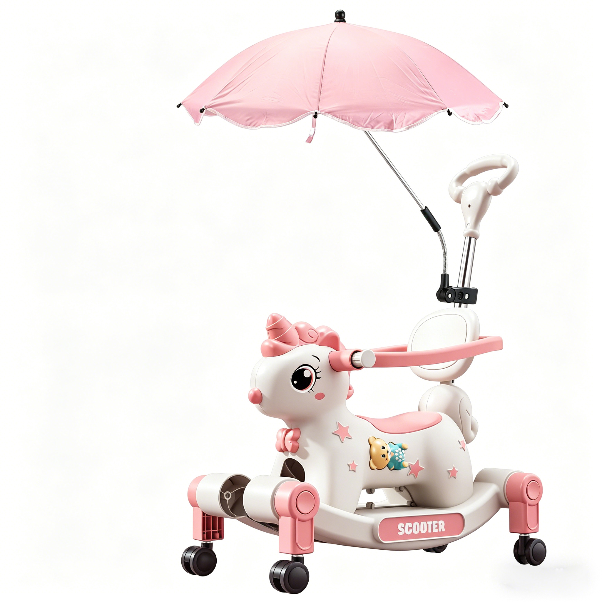 rose 3-en-1 coulissant + poignée de poussée + parasol + cheval à bascule