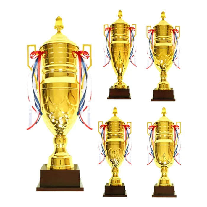 Figuritas 3D personalizadas creativas de reunión deportiva de Liga en blanco, trofeos de copa de Metal de gama alta chapados en oro con cinta