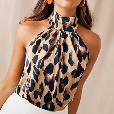 European And American Sexy Leopard Print Strapless Women's Chiffon Top Summer Animal Print Backless Casual Sleeveless Shirt
