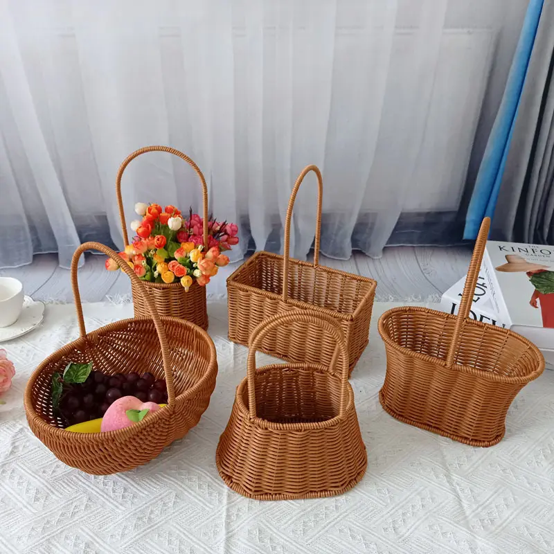 Cesta de mimbre hecha a mano con asa, cesta de almacenamiento tejida para pan de caramelo, cesta de flores de ratán para decoración de boda en casa