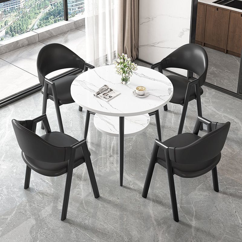 Round table + 4 black leather chairs-walnut legs