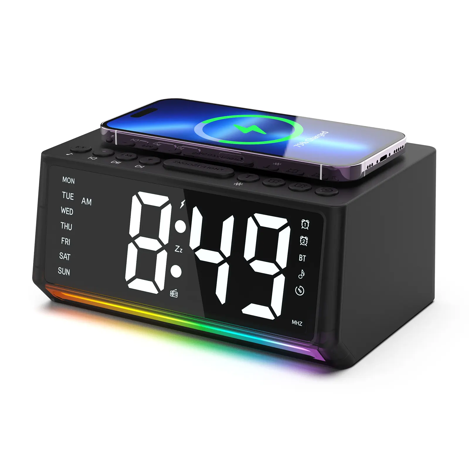 Многофункциональный светодиодный Большой экран BT цифровой будильник с функцией радио с зарядной станцией 10WQi настольные часы