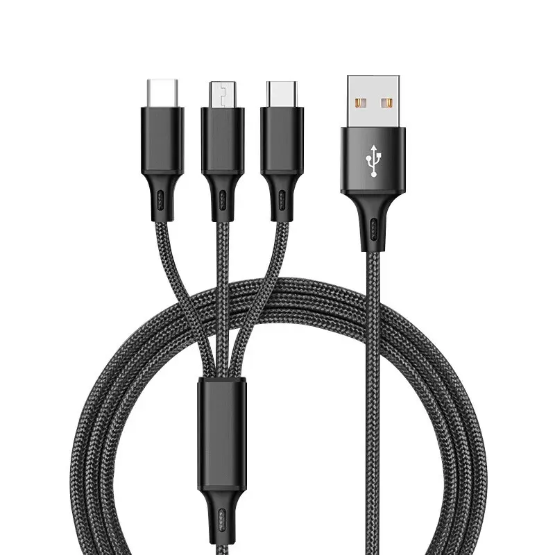 Cable de carga USB para teléfono móvil, Cable de nailon trenzado 3 en 1, venta al por mayor