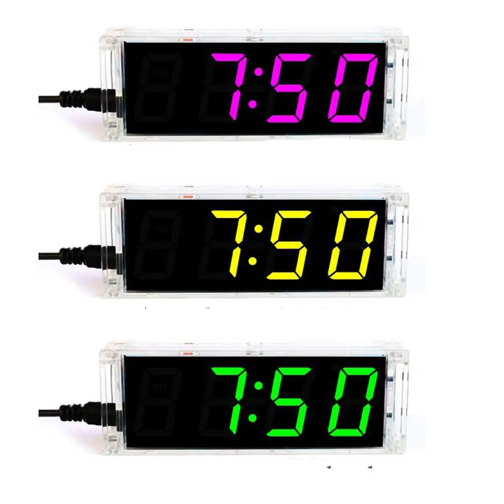 DIY時計キット4デジタルチューブマルチカラーLED時間週温度日付表示、クリアケースカバー付きDIYはんだ付けプロジェクト