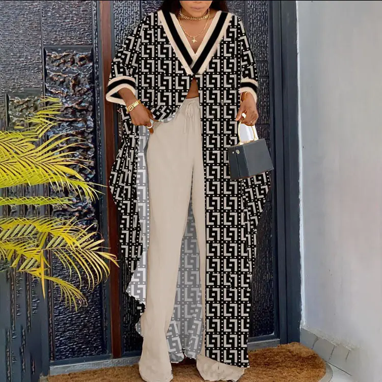 Pantaloni Casual da donna stampati in fabbrica personalizzati a maniche a tre quarti abito da donna due pezzi Set abito Casual da donna
