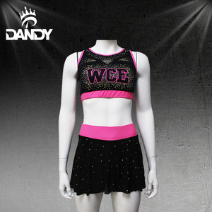 Black Cheerleading Practice Wears Custom Sparkly Diamonds Exercise Training <strong>Cheer</strong> Tops and Skorts for Lady <strong>Youth</strong>