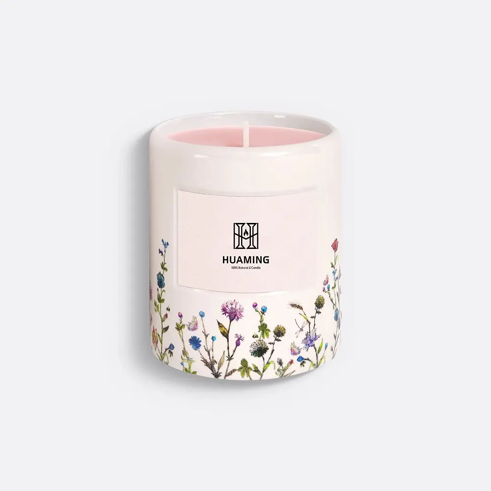 Huaming-Jarra de cerámica de lujo, vela de aromaterapia de Color de aceite esencial, con etiqueta privada, perfumada para cumpleaños, caja de regalo