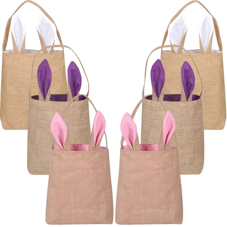 Commercio all'ingrosso su ordinazione delle orecchie da te delle uova di lino regali in bianco sublimazione del coniglietto di Pasqua borse portano la borsa del secchio
