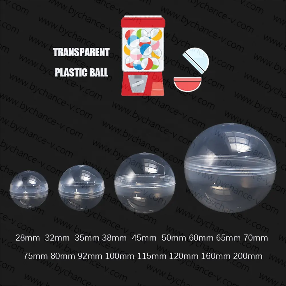 Bola plástica eco-friendly para máquina de gashapon, cápsula transparente de tamanho grande e tamanho pequeno, 28mm-200mm, material novo