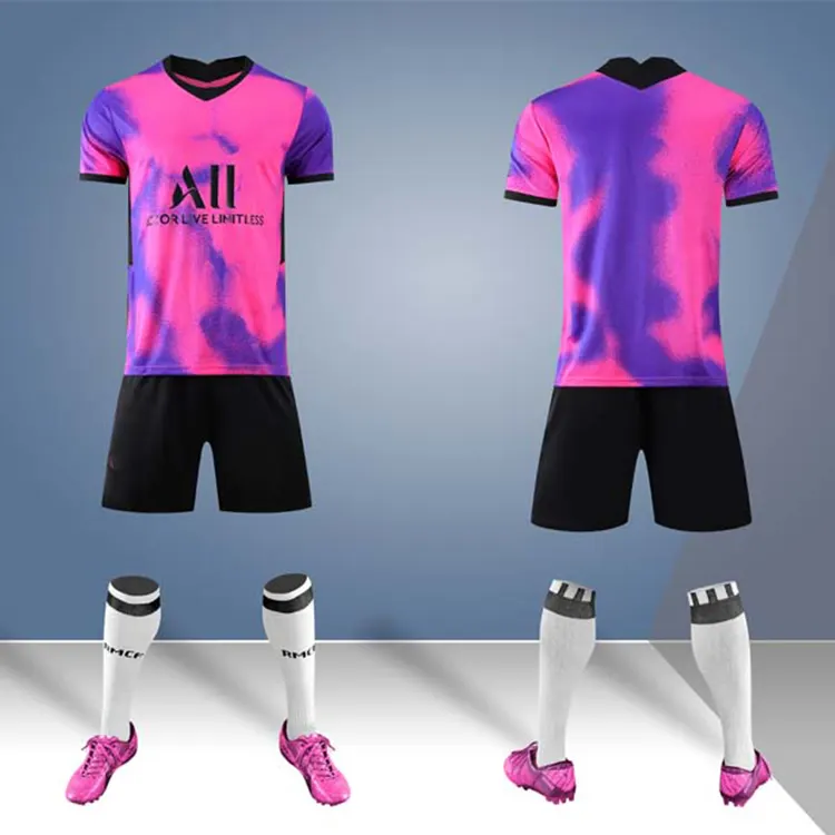 2022 Sublimation Cheap Popular Club Team Purple Pink Football Uniform Set Men Soccer Wear Kids