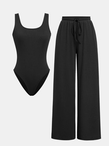 2025 yeni tasarım kadınlar Bodysuit eşleşen setleri 2 parça setleri düz renk nervürlü Romper ve İpli pantolon seti - Product Image 4