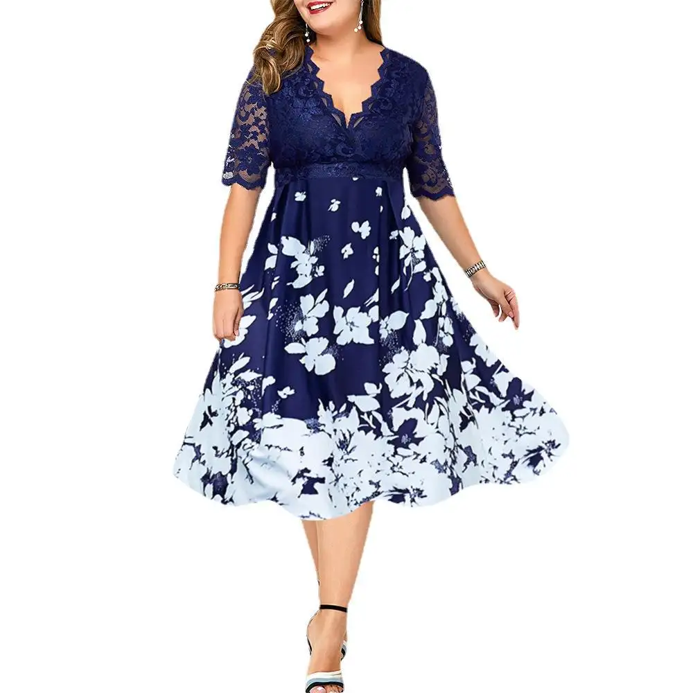 Hoge Kwaliteit Vrouwen Plus Size Jurk Voorjaar Korte Mouw Mode Elegant Afdrukken Dames Jurk