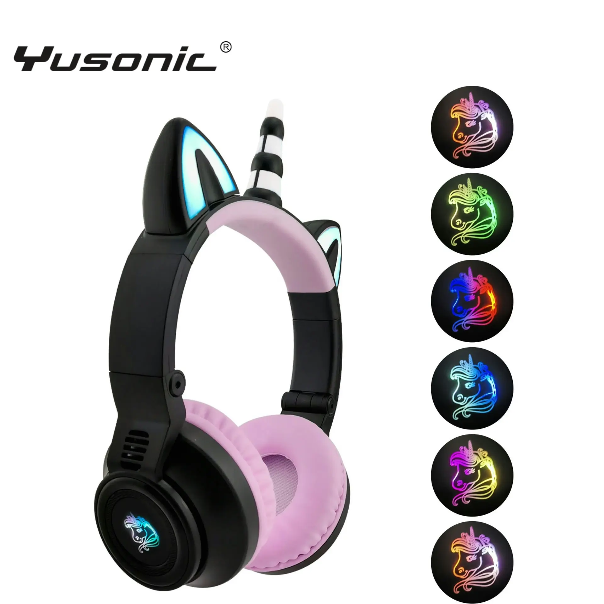 YUSONIC Cat Ear Headset Auriculares brillantes Auriculares para juegos Auriculares Bass Usb con micrófono Unicorn Smart Wireless