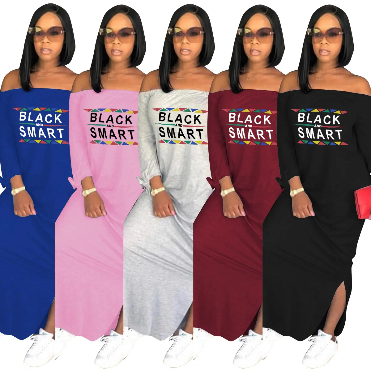 Langarm aus der Schulter Kleid Übergroße Damen T-Shirts Kleider Frauen Slash Neck Schwarz Smart Letter Print Maxi Langes Kleid